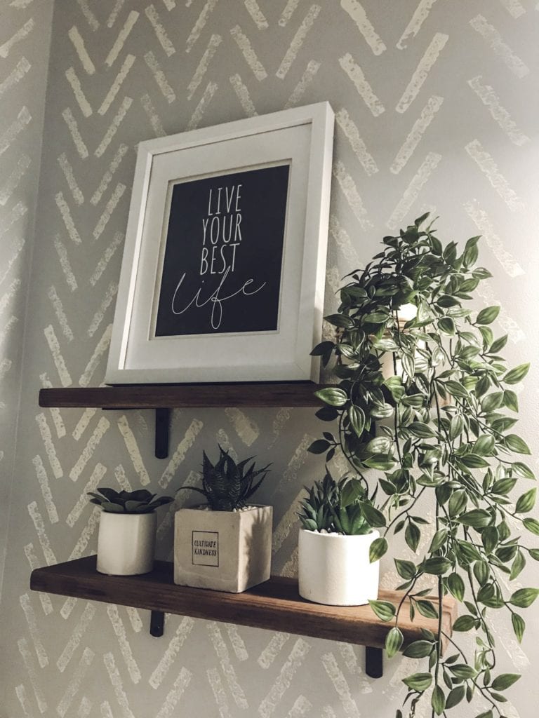 DIY faux wallpaper and shelves and printable 
