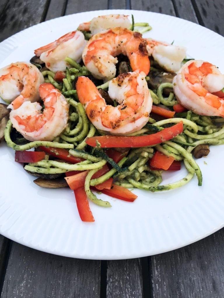 lightened up creamy avocado vegan pesto with shrimp and zoodles 