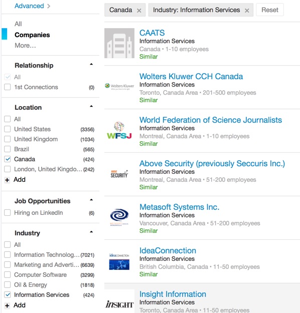 Screenshot of LinkedIn company search results by industry