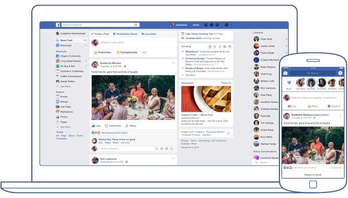 Facebook Newsfeed on a desktop and on mobile