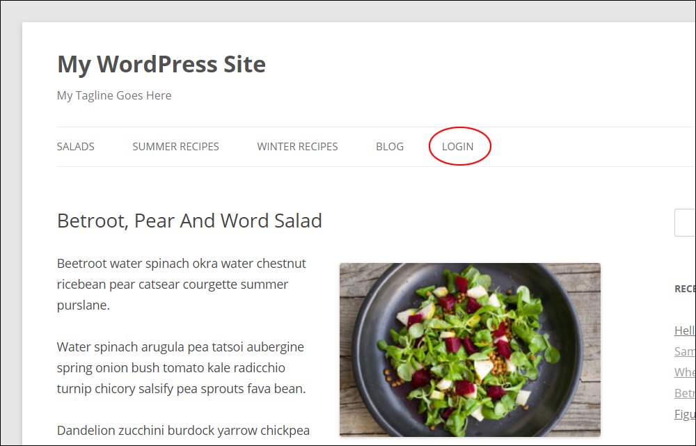 Wordpress login link added to main menu.