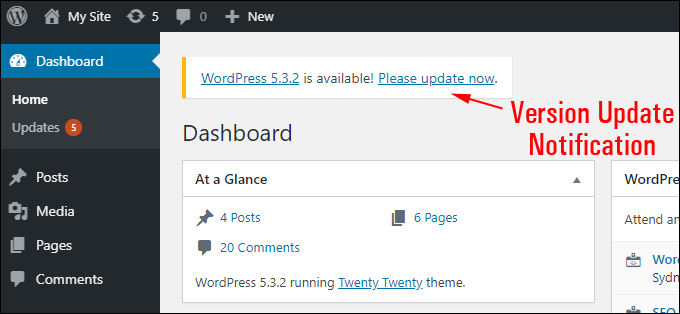 WordPress Dashboard - Version update notification.