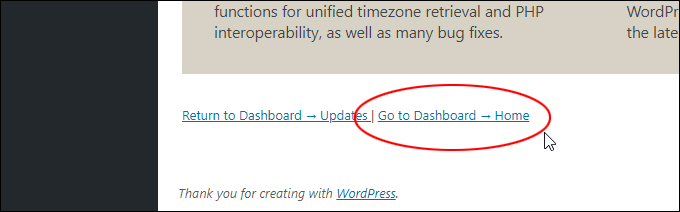'Go to Dashboard -> Home' link