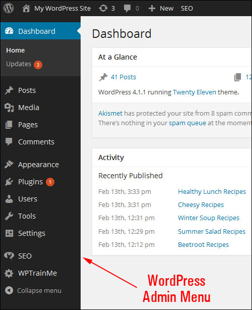 The main WordPress admin menu