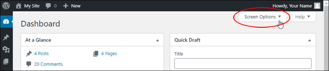Click on the Screen Options tab to view and customize Dashboard screen elements.