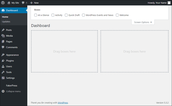 WordPress Dashboard with all information panels hidden.