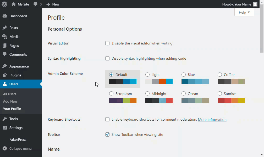 WordPress admin color schemes