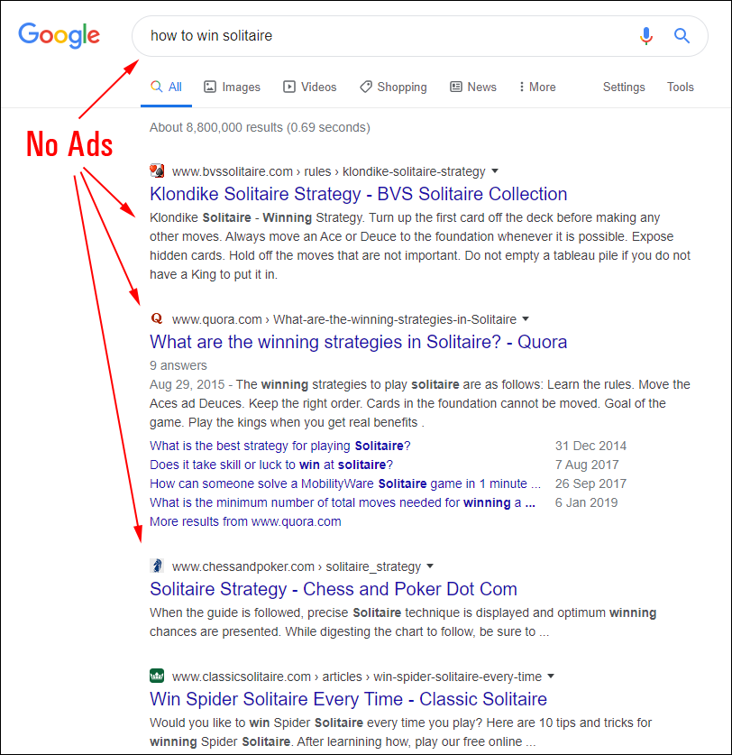 Google search results screengrab showing no ads for search term.