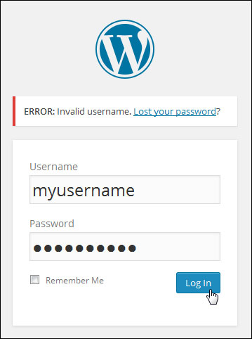 WordPress login error message - invalid username.