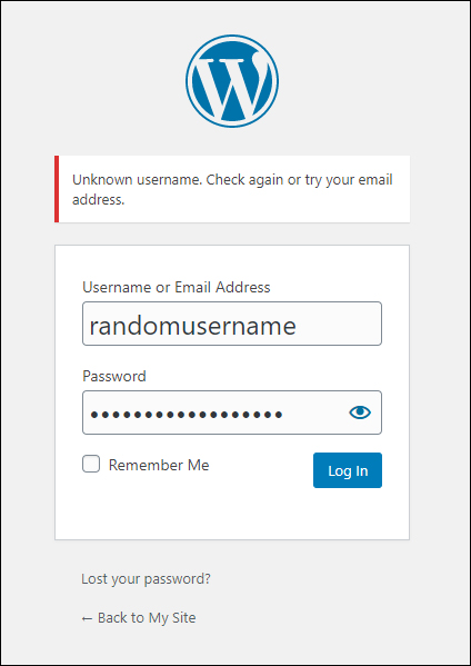 Incorrect username entered into WordPress login.