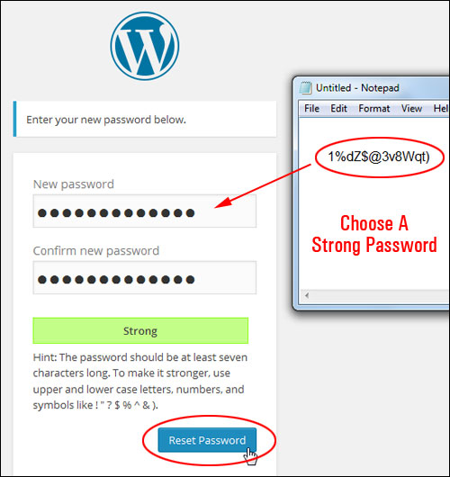 WordPress password reset screen.