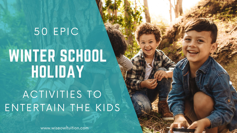 a title that says "50 epic winter school holiday activities to entertain the kids" with a picutre of some boys playing in the bush