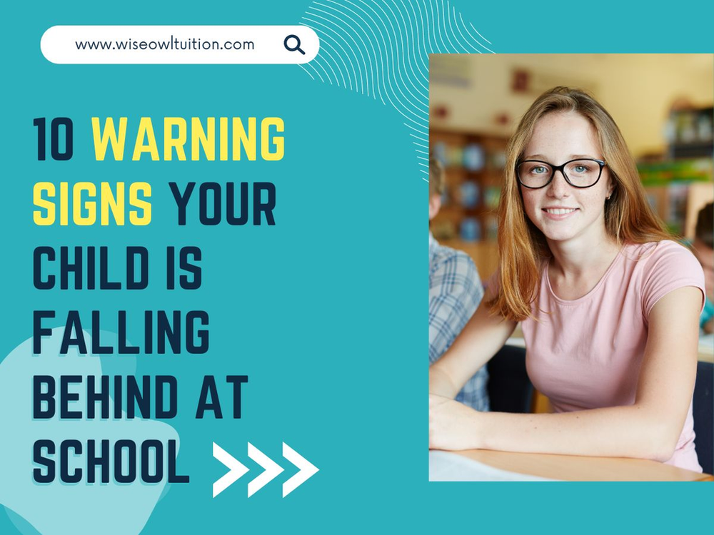 A title which says" 10 warning signs your child is falling behind at school" on a teal background. Next to the title is a picture of a teenage girll, smiling while wearing black glasses. 