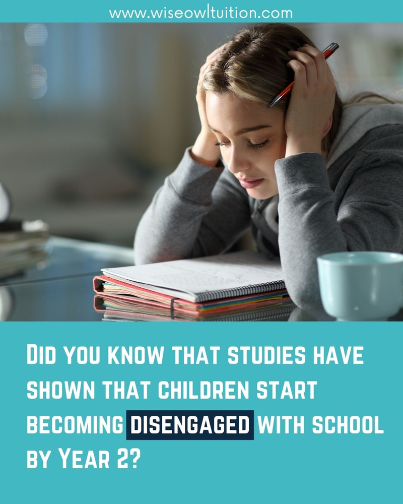 a teen girl looking at her school work in despair. Next to text that says "did you know that studies have shown that children start becoming disengaged with school by year 2?