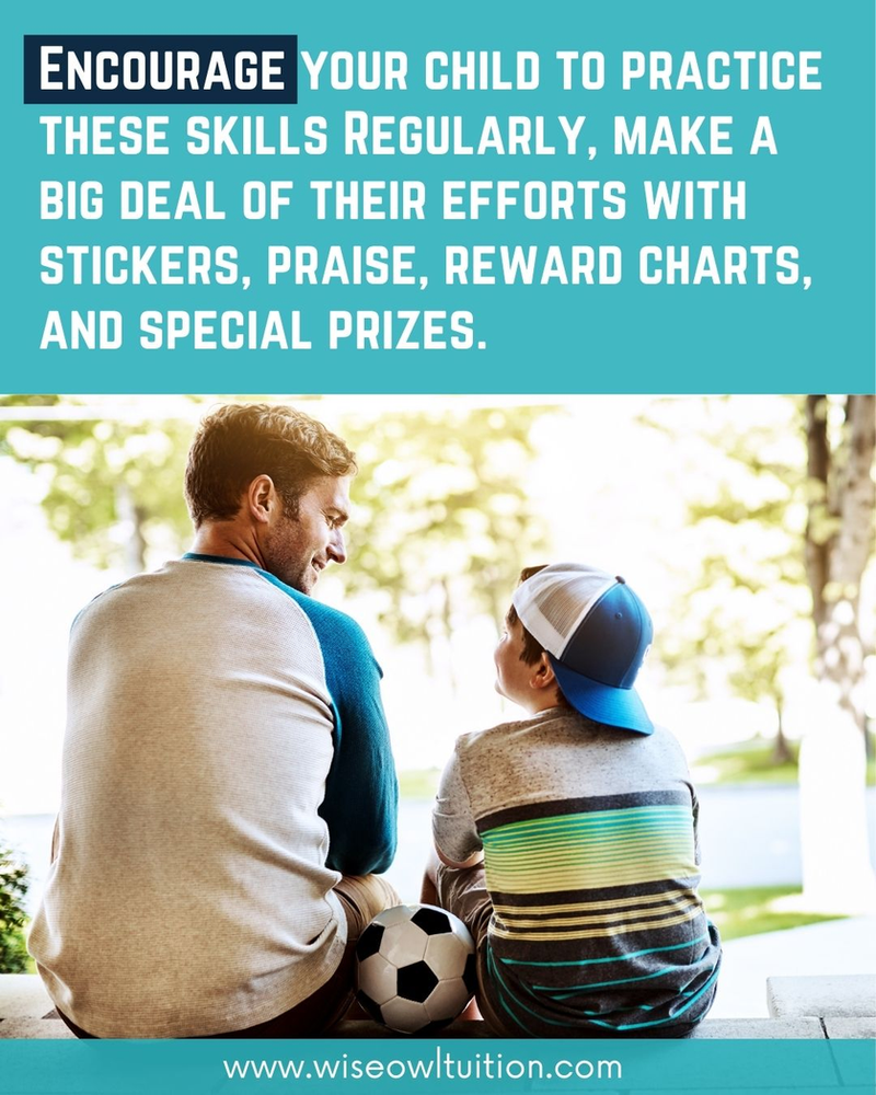 a picture of a father and son below text that says "encourage your child to practice these skills regularly, make a big deal of their efforts with stickers, praise reward charts, and special prizes.