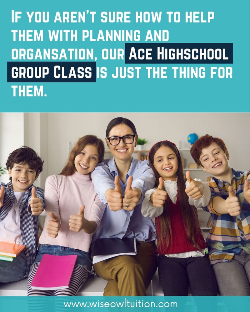 a picture of a teacher with a group of students doing thumbs up. The text says "if you aren't sure how to help them with planning and organisation, our Ace Highschool group class is just the thing for them. 