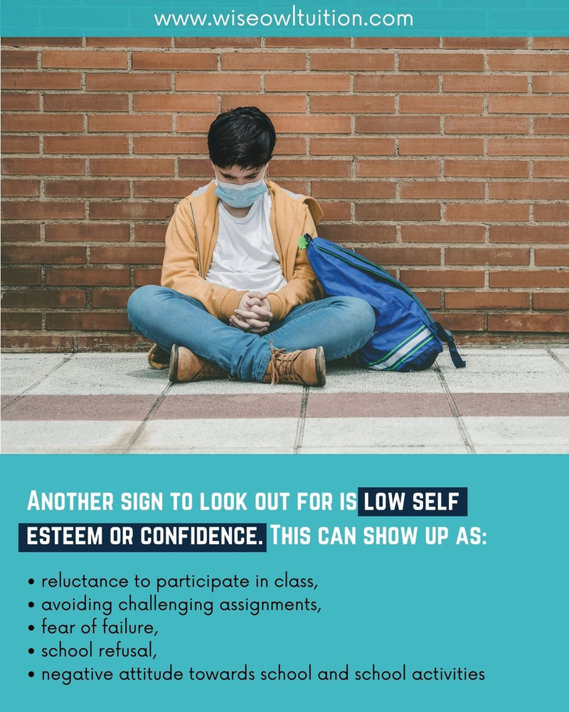 a picture of a boy looking sad, sitting on the pavement leaning on a brick wall. The text says another isgn to look out for is low self esteem or confidence.