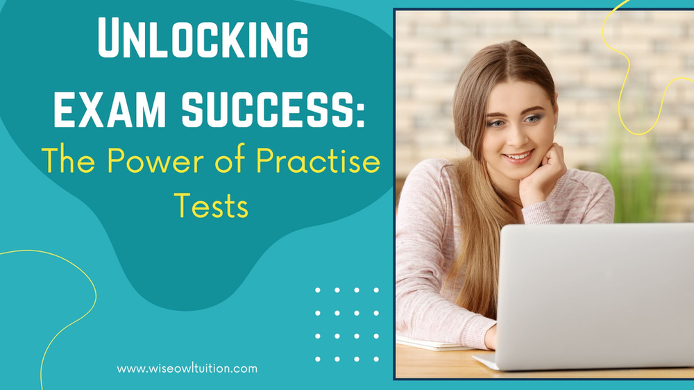 title says " unlocking exam success, the power of practise tests. This is on a teal background nex to a picture of a girl who is smiling while working on her laptop.