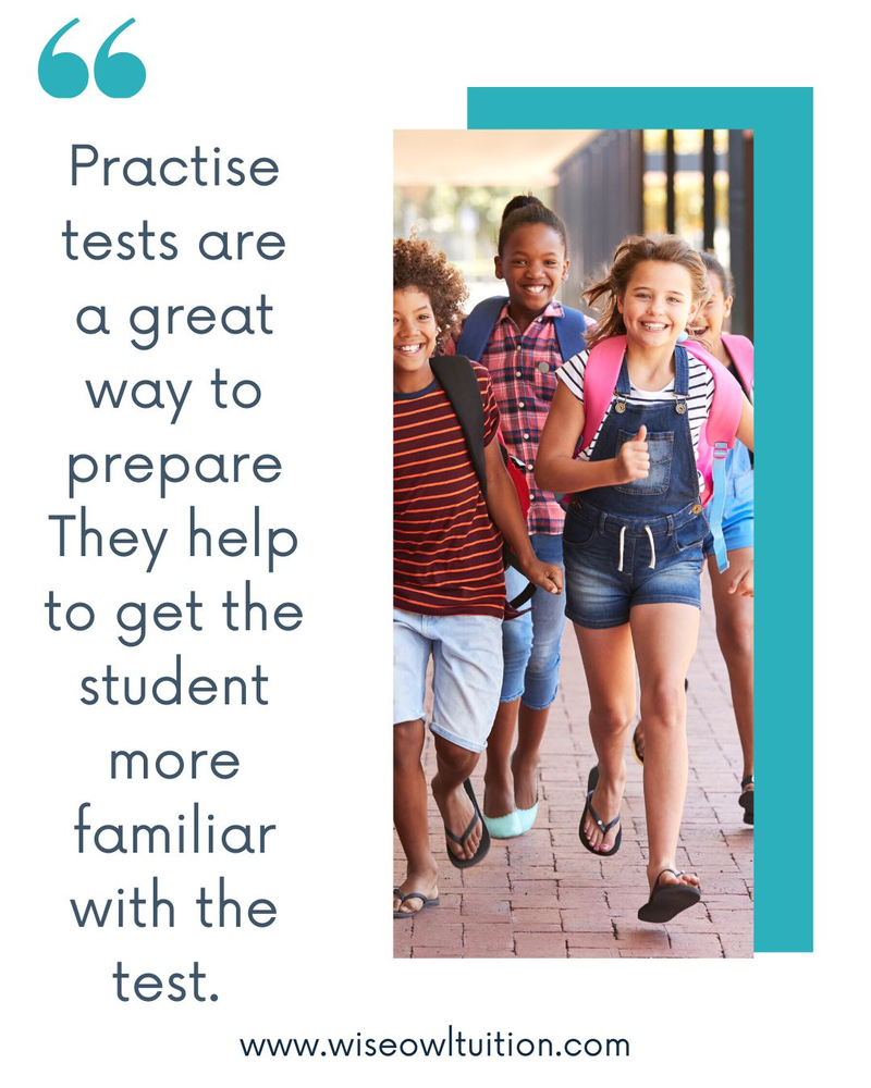 a quote which says "practise tests are a great way to prepare. They help to get the student more familiar with the test" next to a picture of carefree kids leaving school.