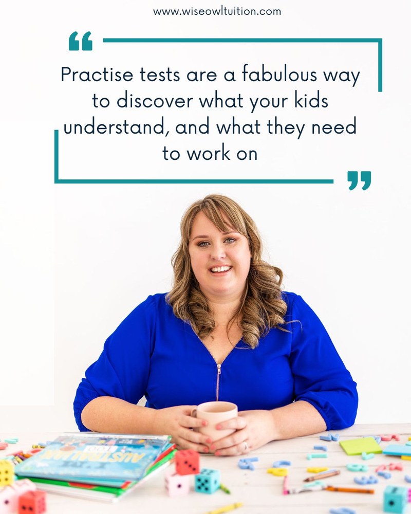 picture of Emily Fogg the found of Wise Owl Tuition under a quote which says "practise tests are a fabulous way to discover what your kids understand and what they need to work on". 
