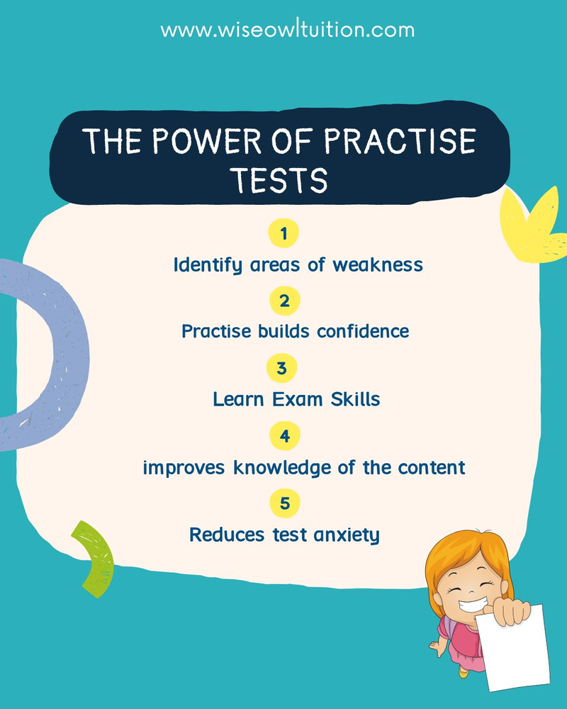 Title which says " the power of practise tests". Then a list which outlines the 5 reasons practise tests are a good study tool. 1. identify areas of weakness. 2. practise builds confidence. 3. learn exam skills. 4. improves knowledge of the content. 5. reduces test anxiety. 