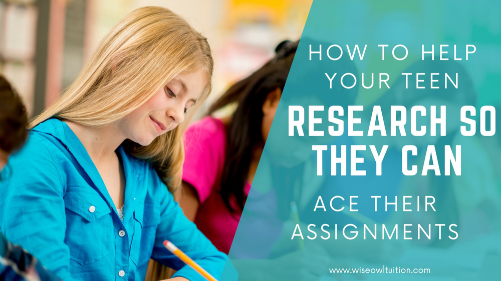 a blonde teenage girl sits in a classroom writing with a smile on her face, next to text that says how to help your teen research so they can ace their assignments