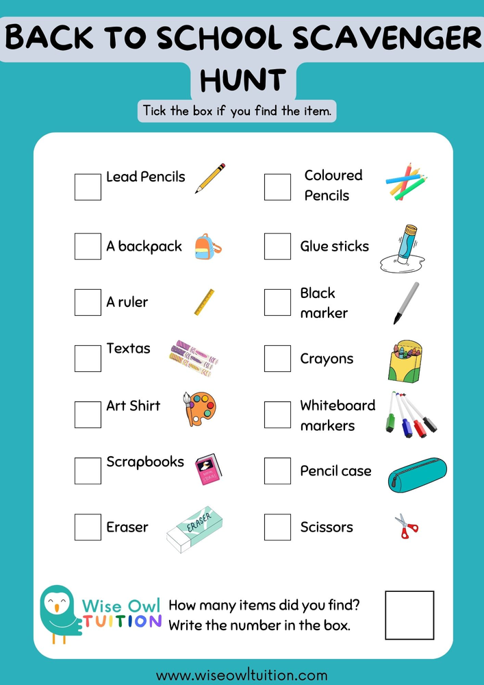 a back to school scavenger hunt printable, with a list of items to find like pencils, pens, backpack, textas, gluestick etc