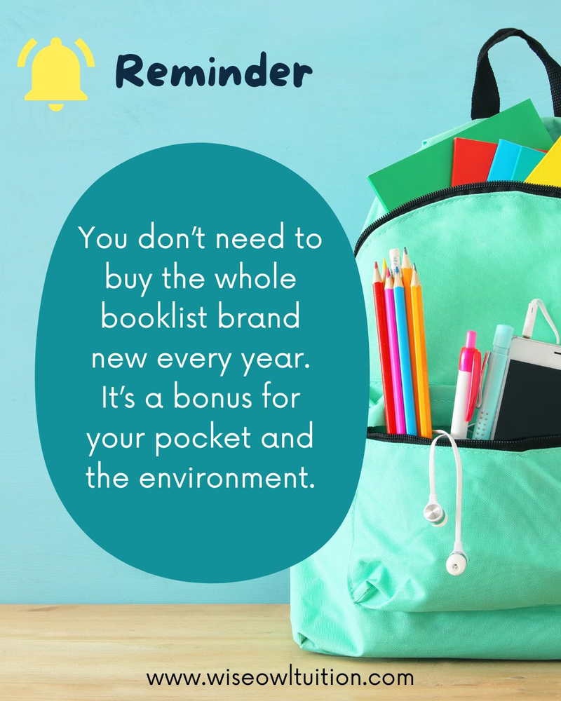 a picture of a backpack with text that says - reminder you don't need to buy the whole booklist brand new every year.