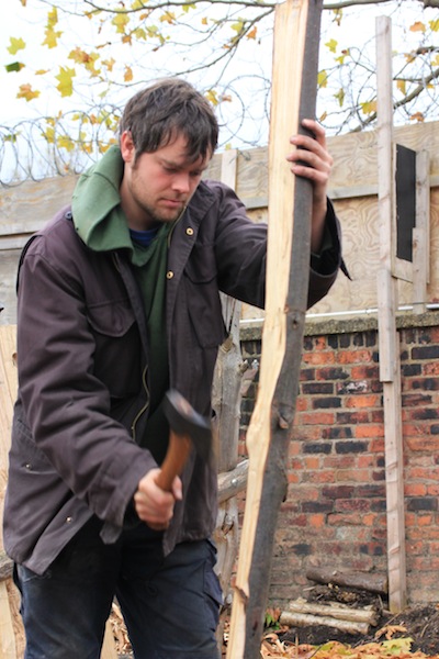 Mike Carswell at work in his yard in Manchester. Most of his work is done using hand tools.