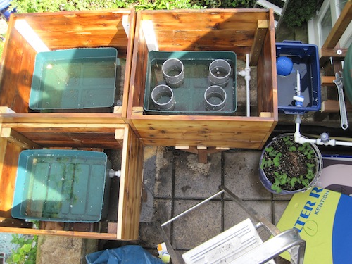 This shows the simple wooden boxes with the plastic reservoirs in the bottom. The right hand box also has it's 'feet' cut, ready to attach to the corrugated plastic. 