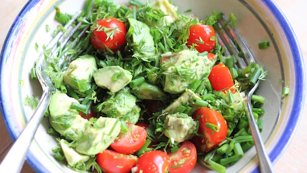 Homegrown coriander and chives add zing to a tomato and avocado salsa. 