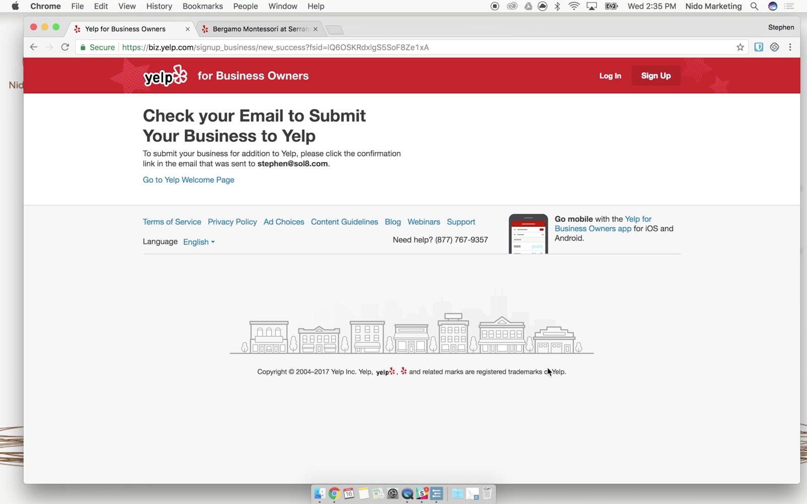 yelp for business owners cannot activate email
